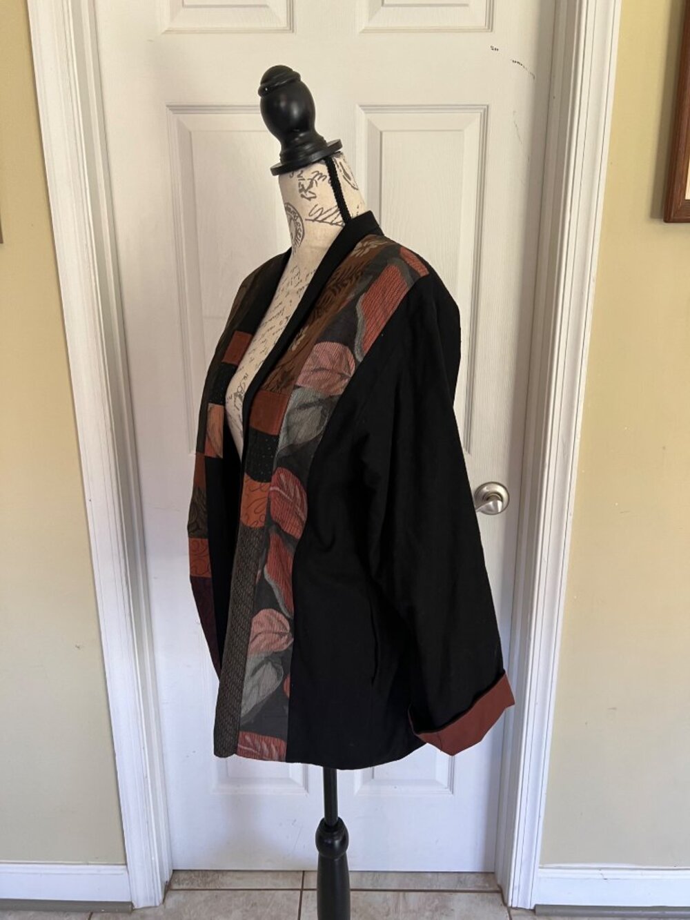 Anna Brown Open Blazer Jacket Patchwork Quilt Art to Wear Casual Neutral Small - Picture 4 of 9